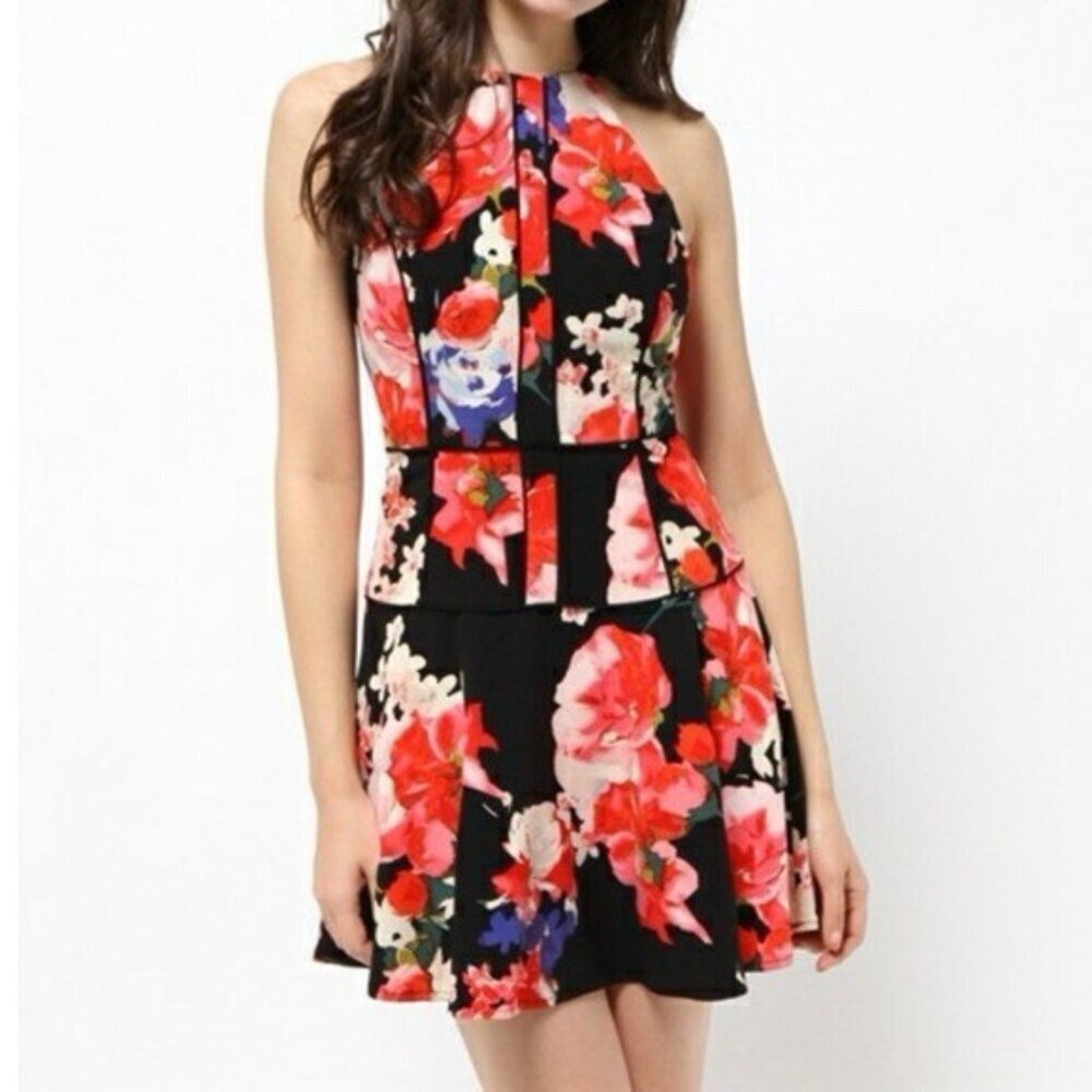 New GUESS Womens Size 6 Black Floral Fit & Flare Mini Dress Halter Sleeveless